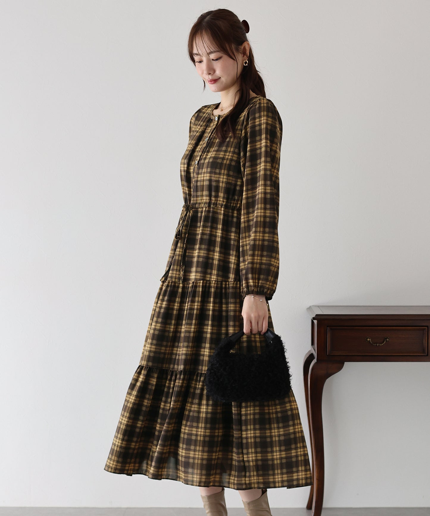 【TIME SALE】チェック長袖ワンピース