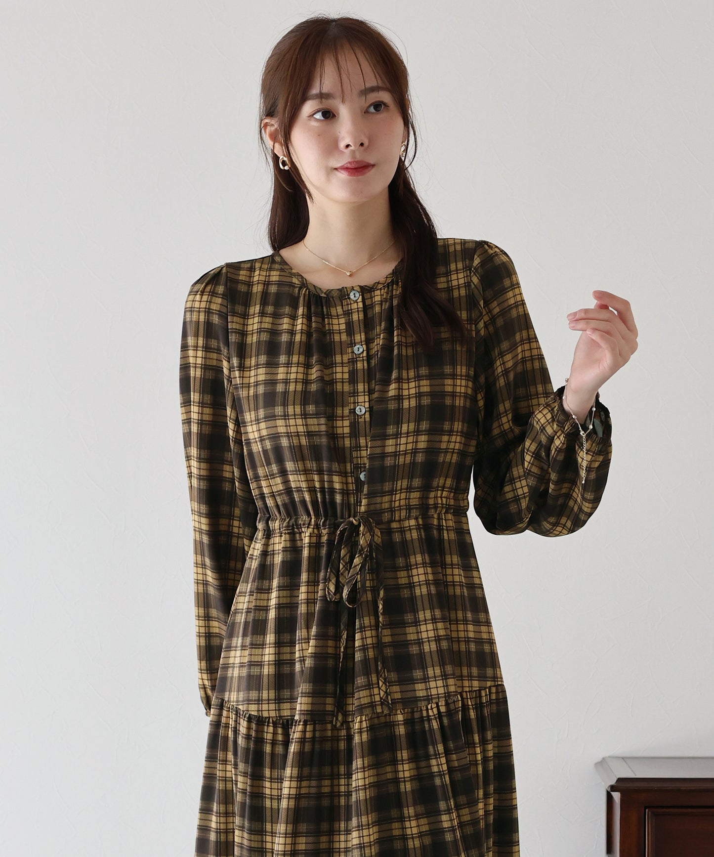 【TIME SALE】チェック長袖ワンピース