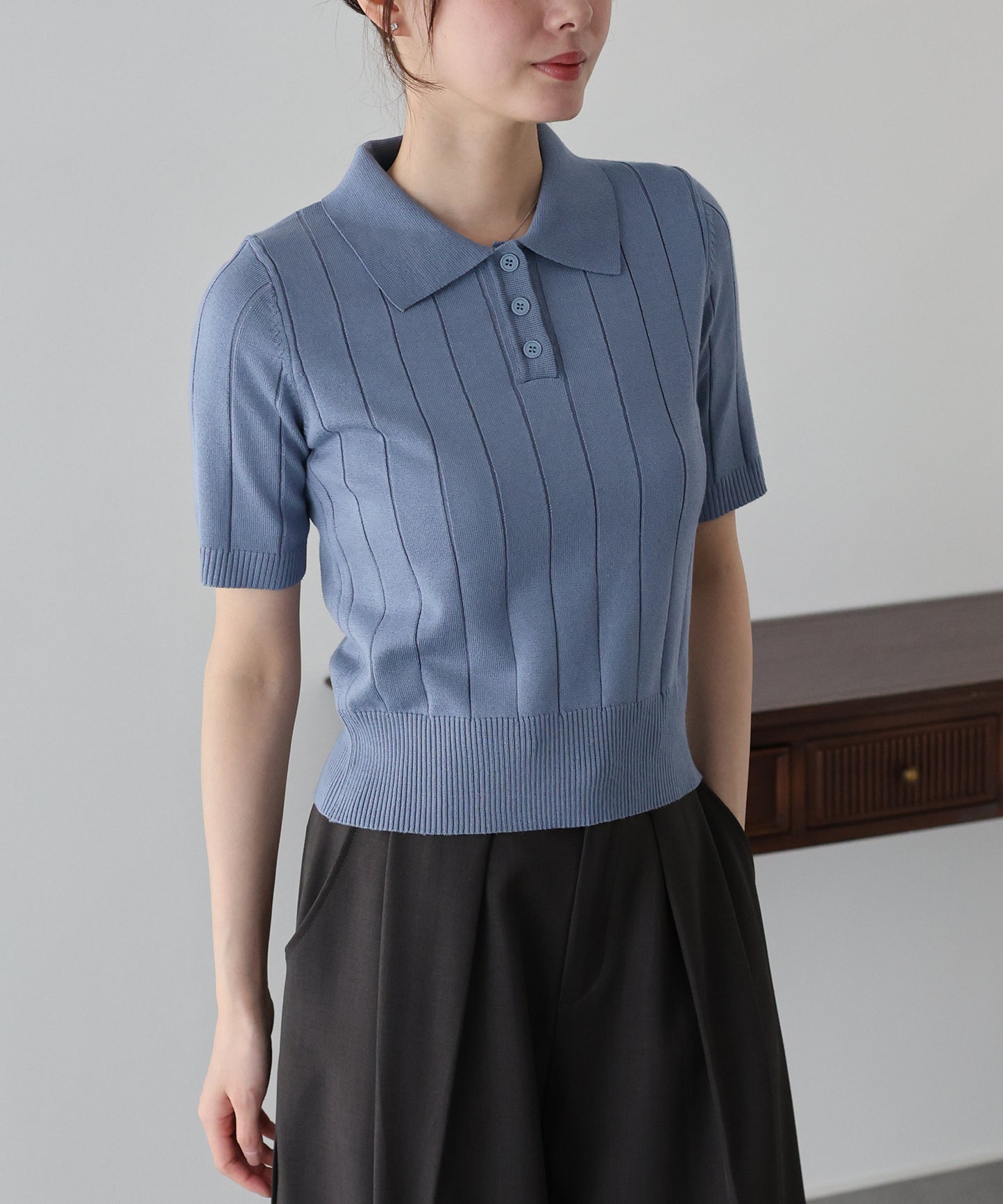5分袖サマーワイドリブポロニットトップス
