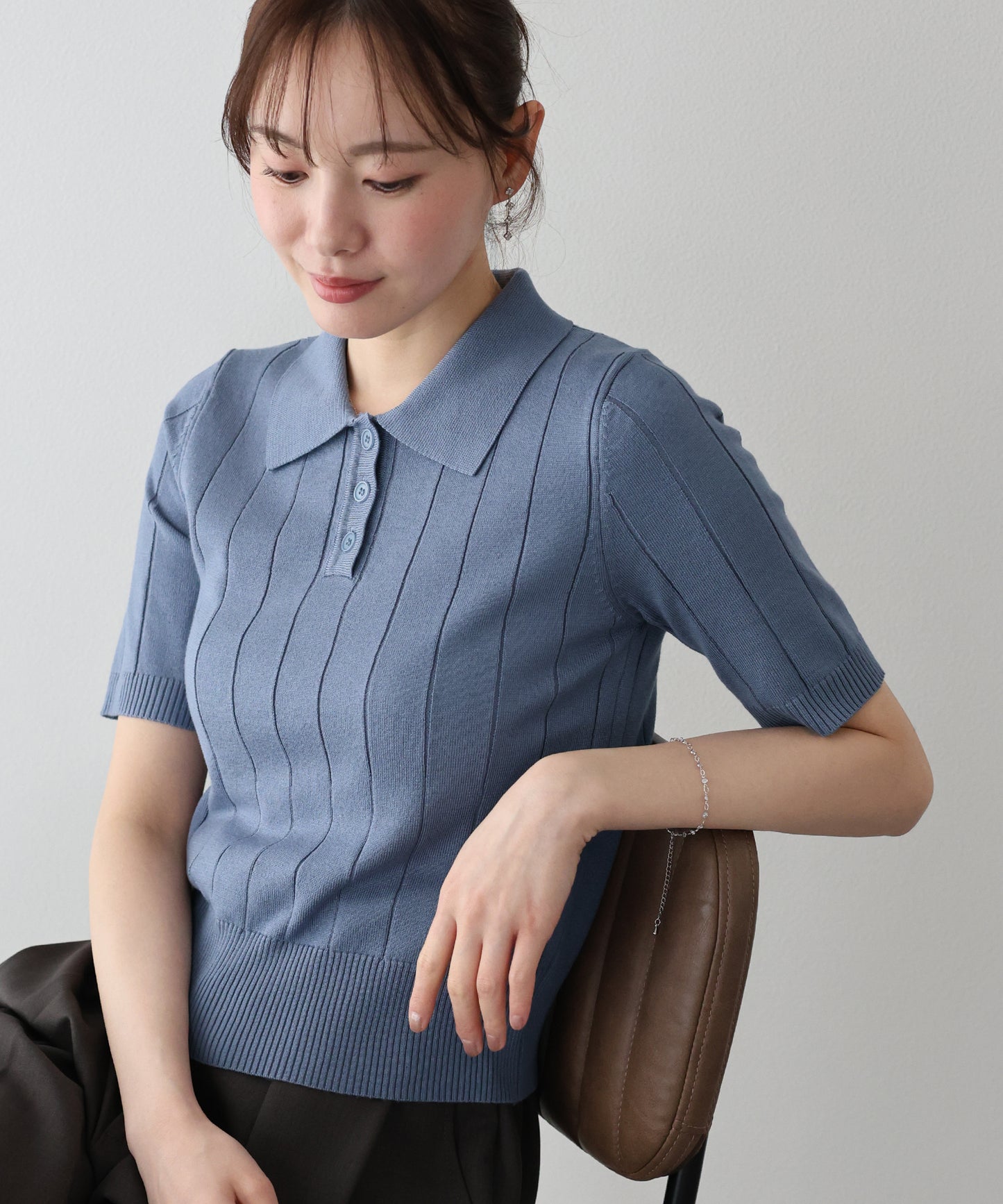 5分袖サマーワイドリブポロニットトップス