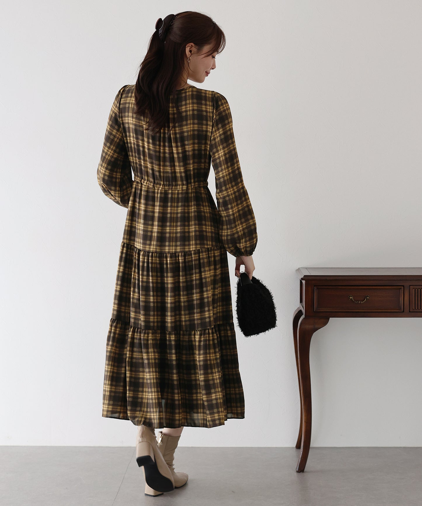 【TIME SALE】チェック長袖ワンピース