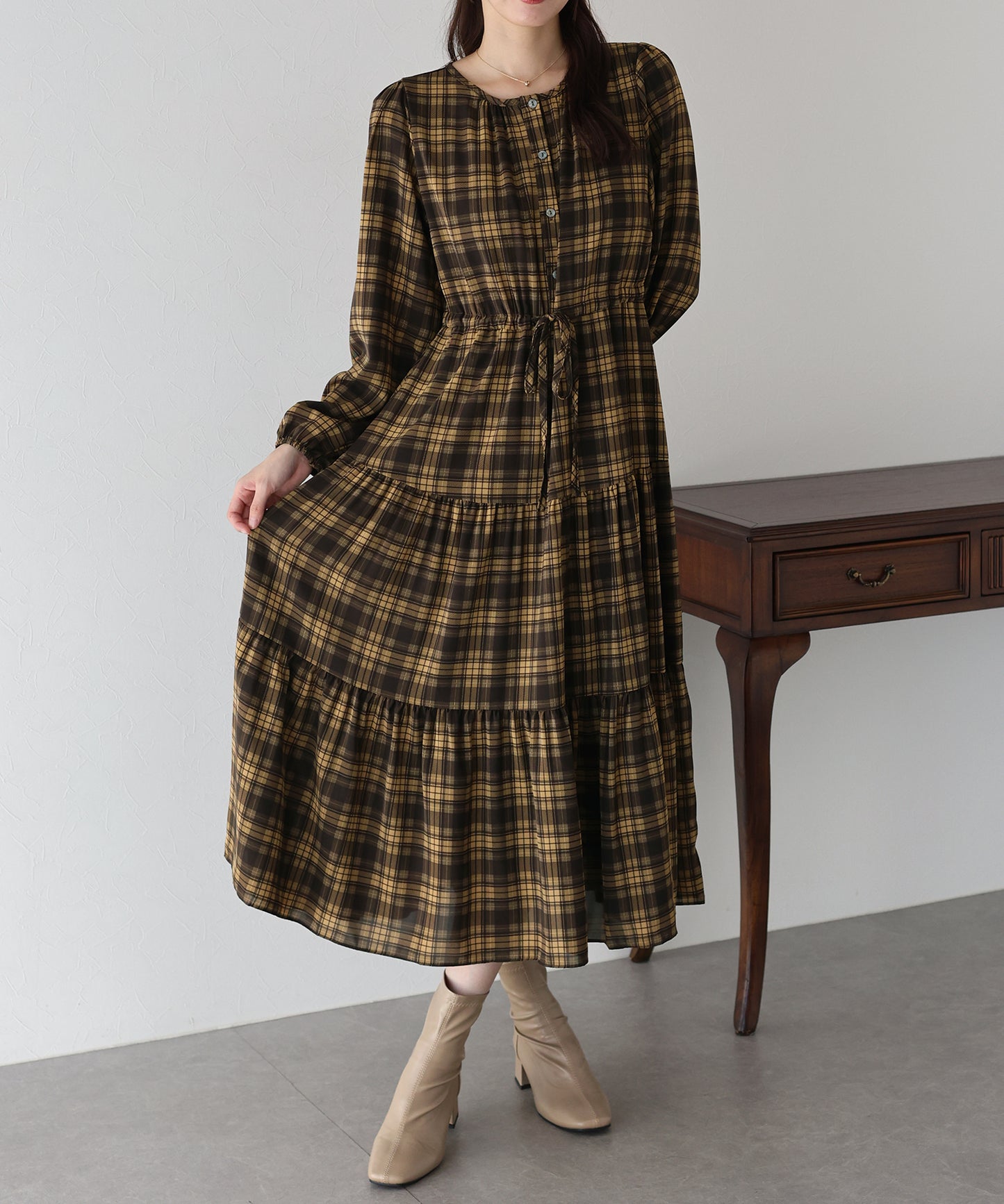 【TIME SALE】チェック長袖ワンピース
