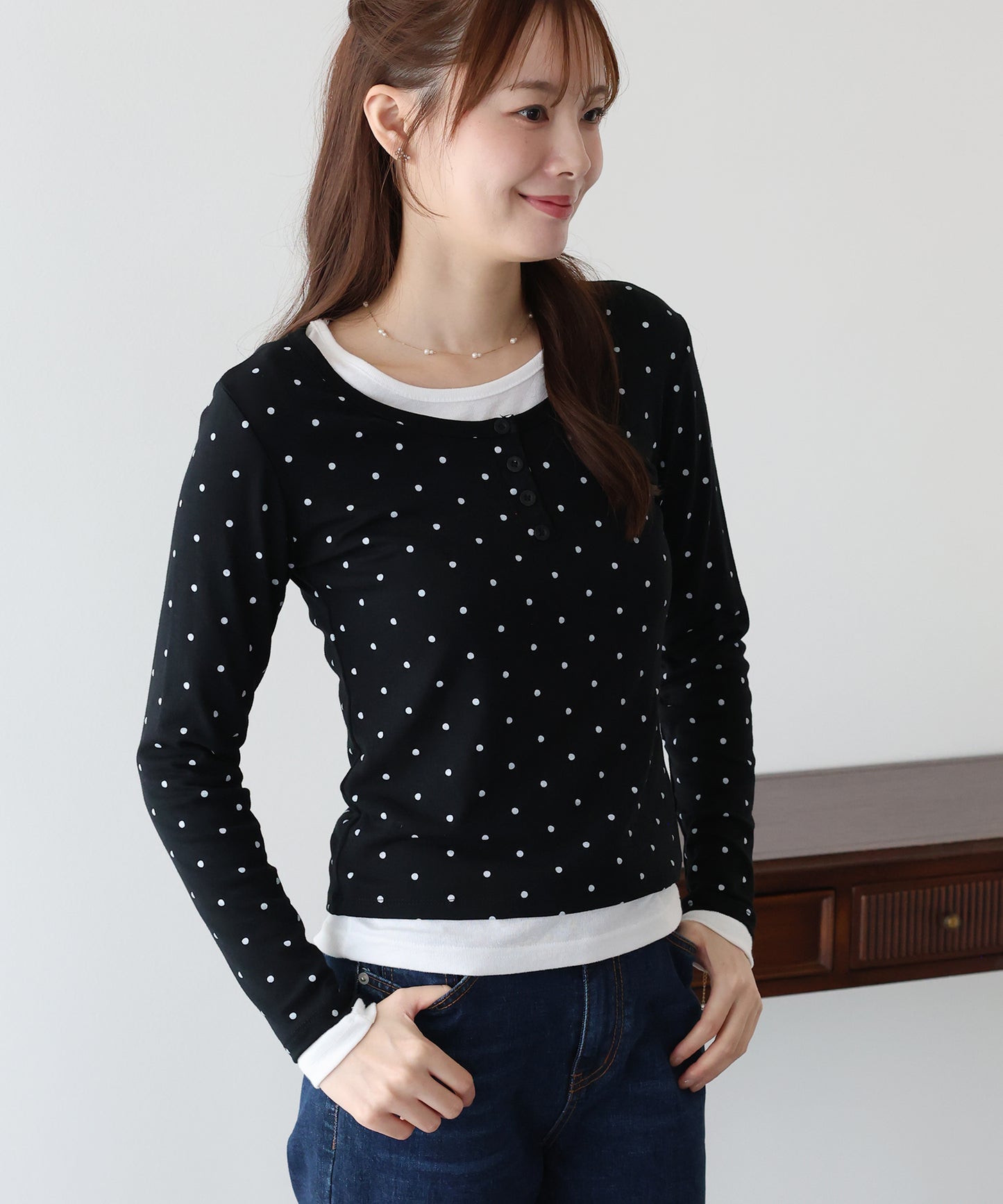 【早割5％OFF】ヘンリーネックドットロングＴシャツ【メール便】