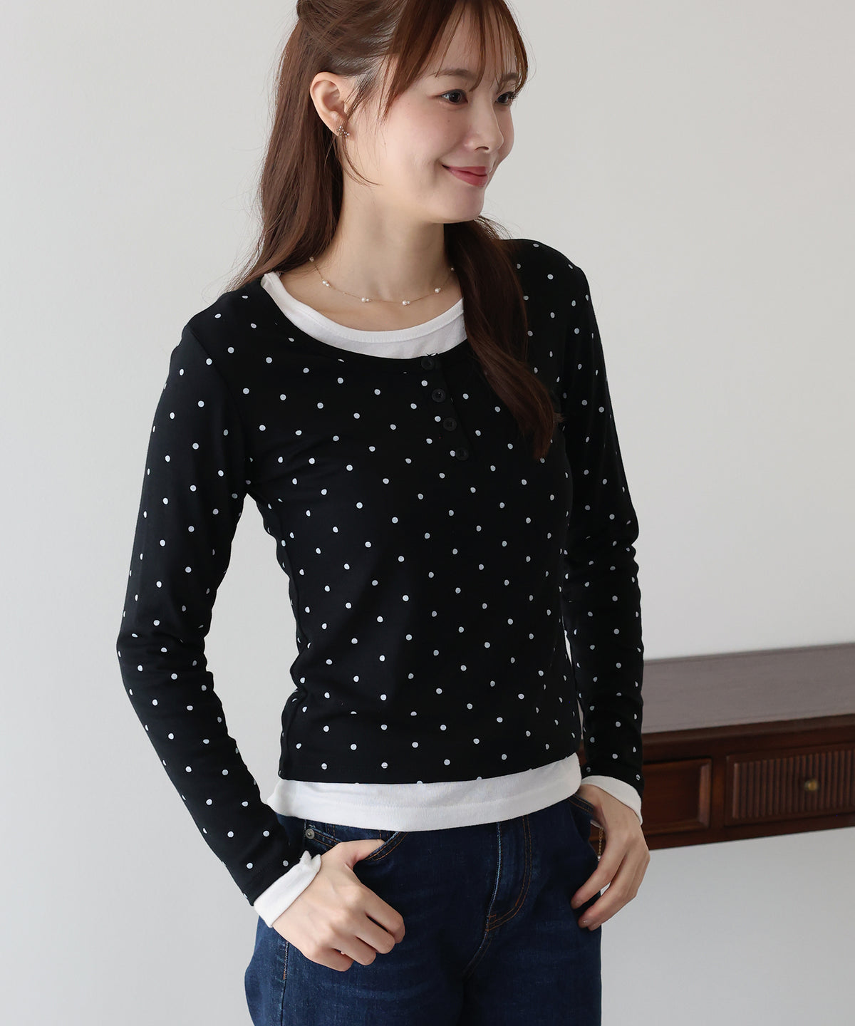 ヘンリーネックドットロングＴシャツ【メール便】