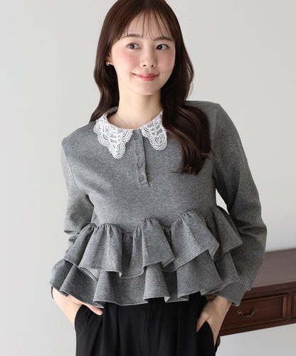 【早割5％OFF】レースカラーフリルヘムカットソー