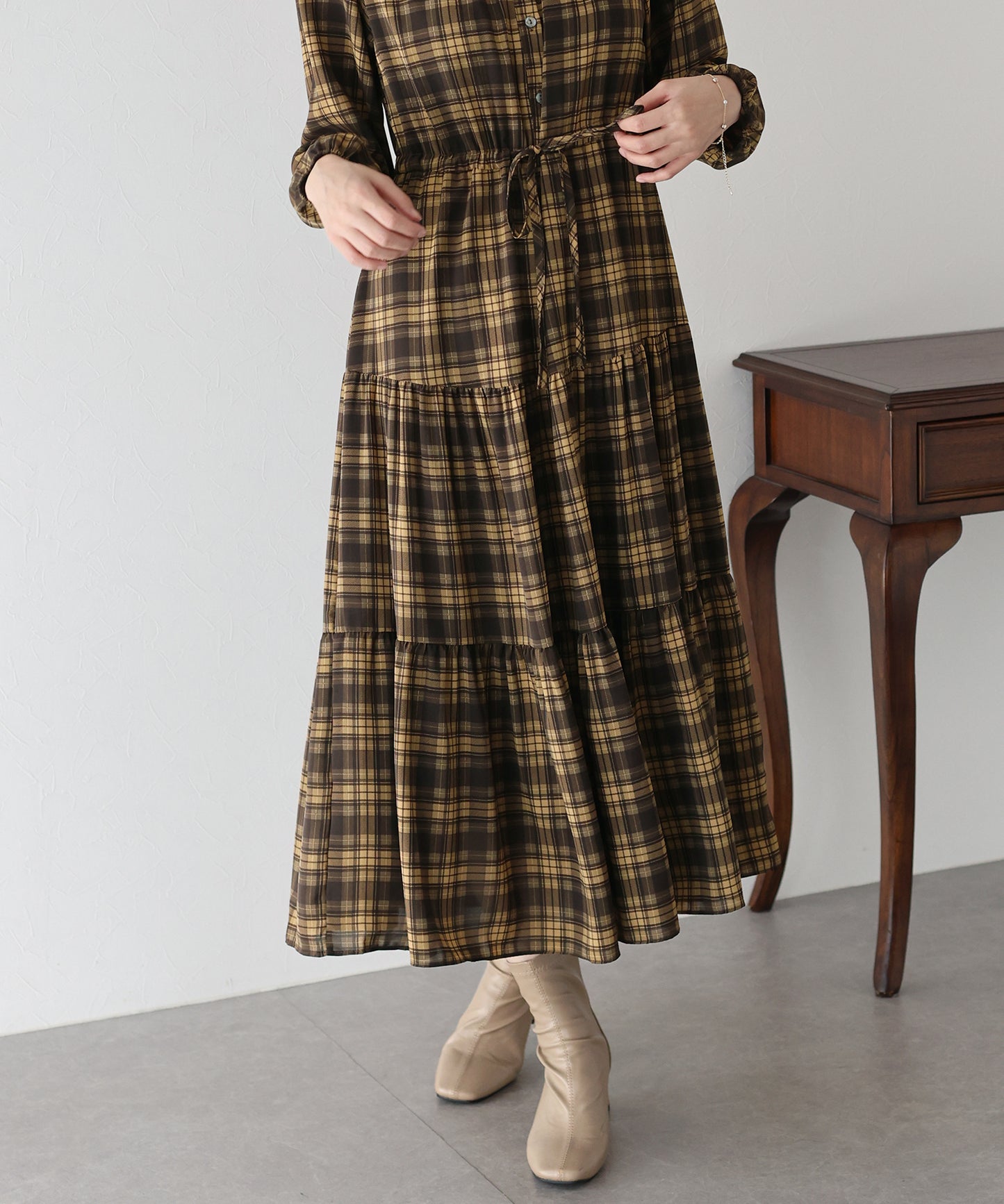 【TIME SALE】チェック長袖ワンピース