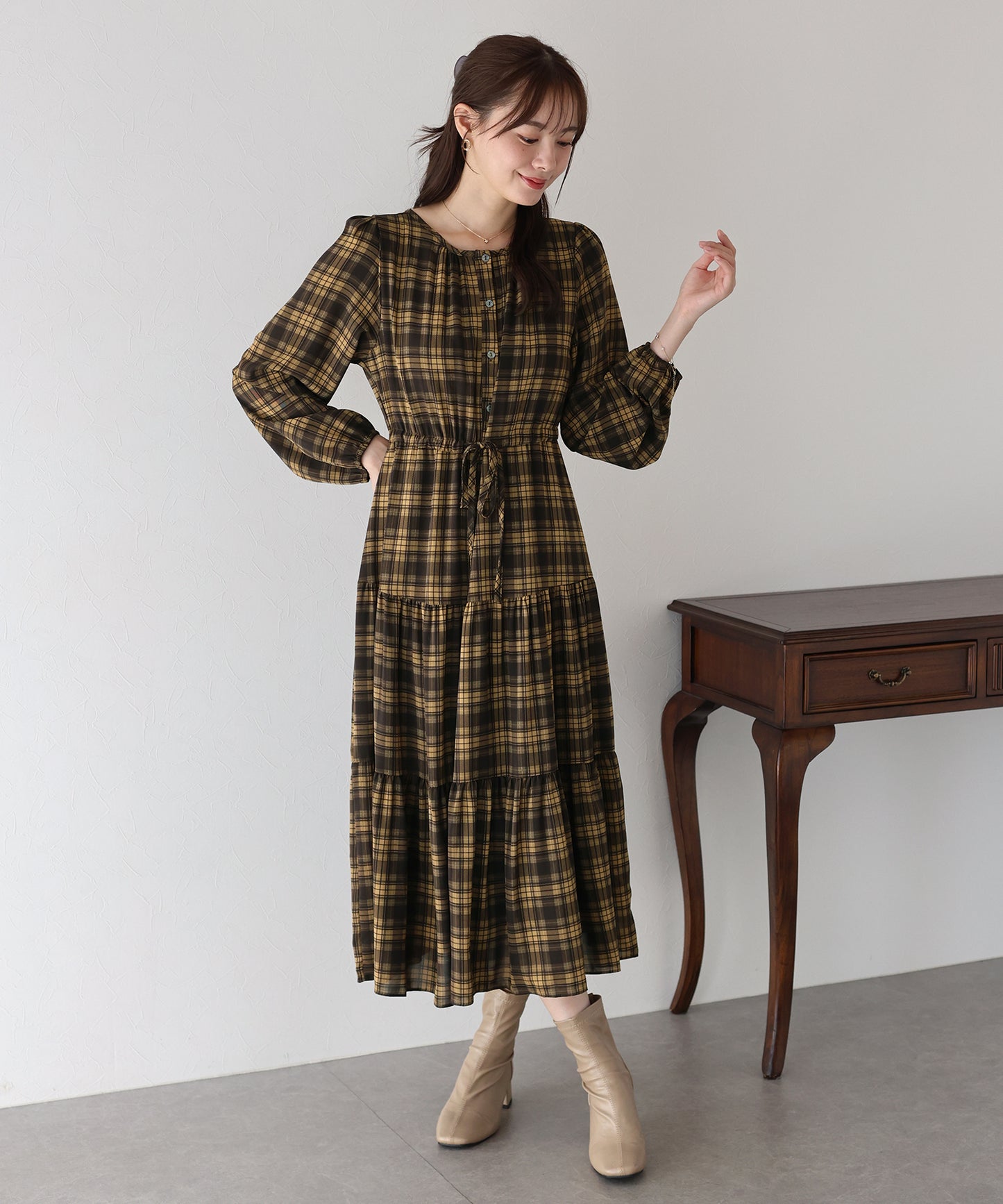 【TIME SALE】チェック長袖ワンピース