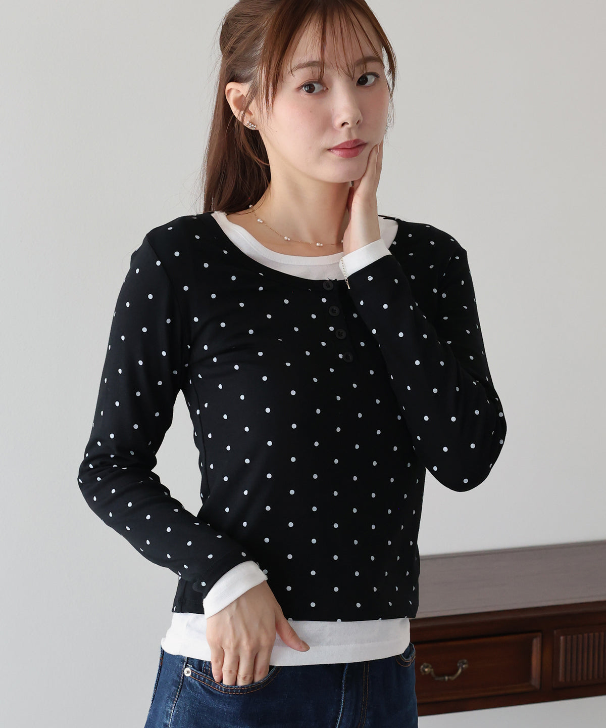 ヘンリーネックドットロングＴシャツ【メール便】