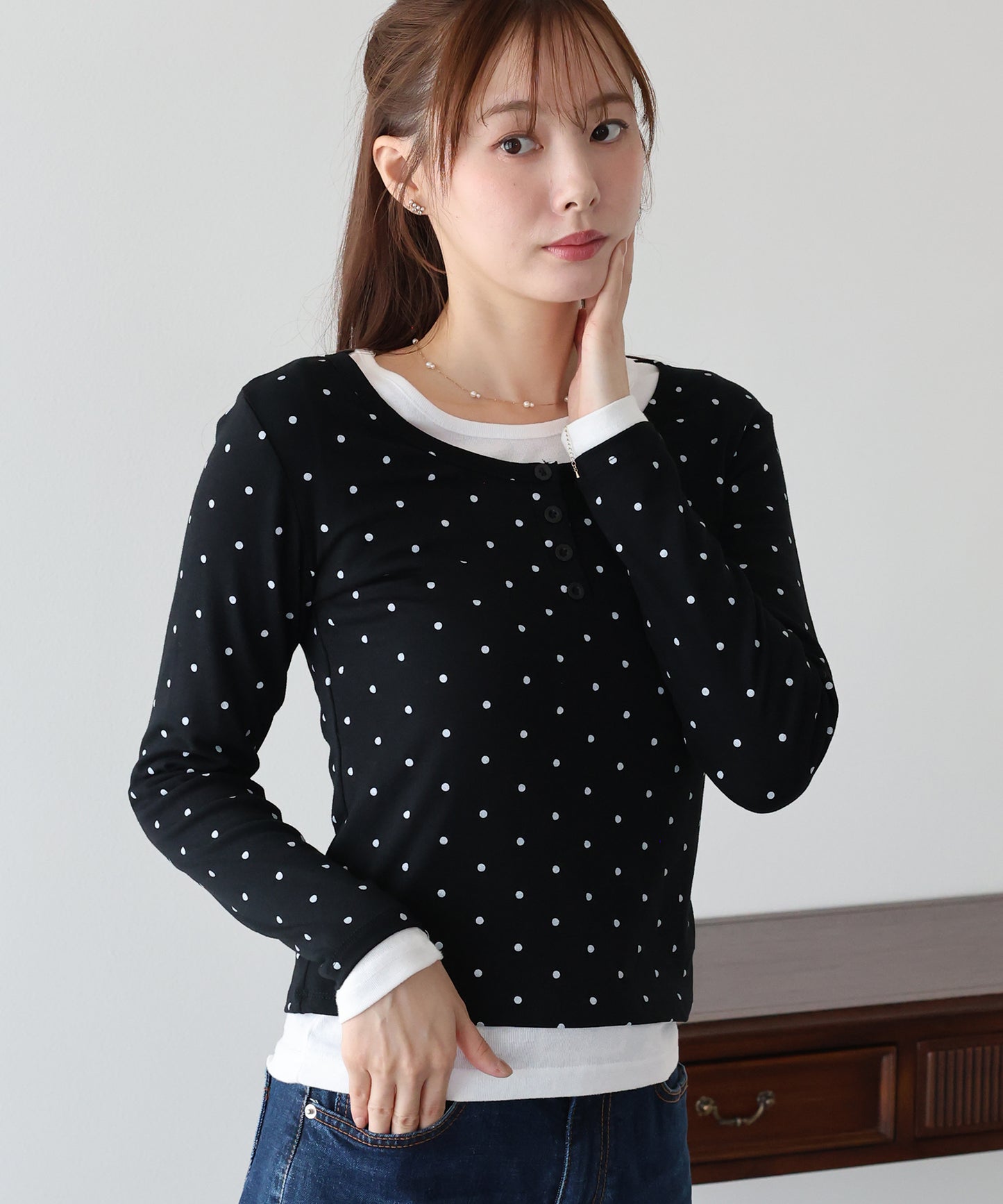 【早割5％OFF】ヘンリーネックドットロングＴシャツ【メール便】