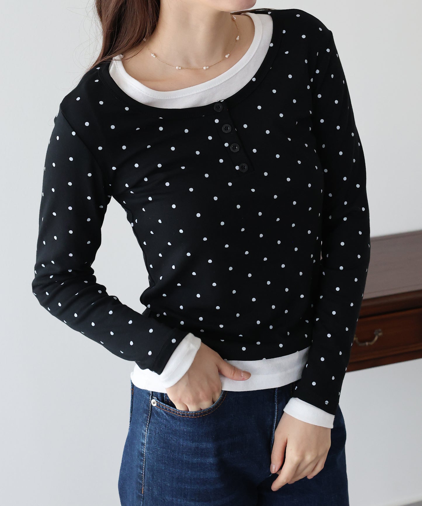 【早割5％OFF】ヘンリーネックドットロングＴシャツ【メール便】