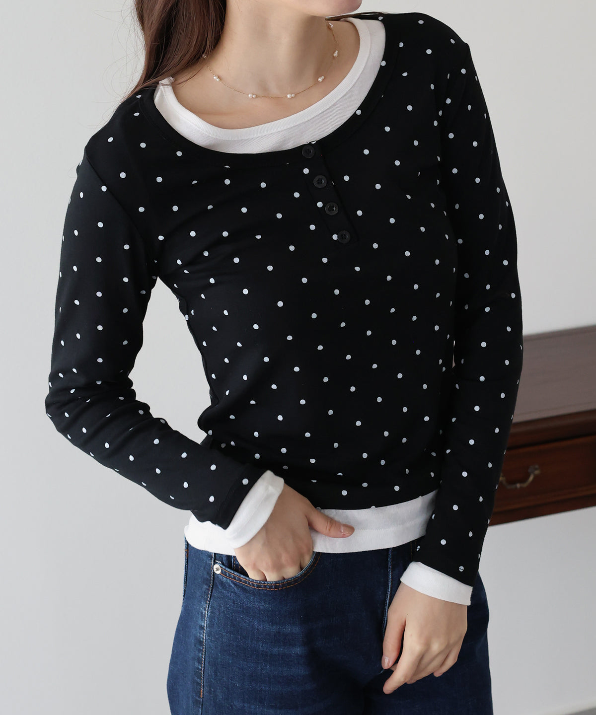 ヘンリーネックドットロングＴシャツ【メール便】