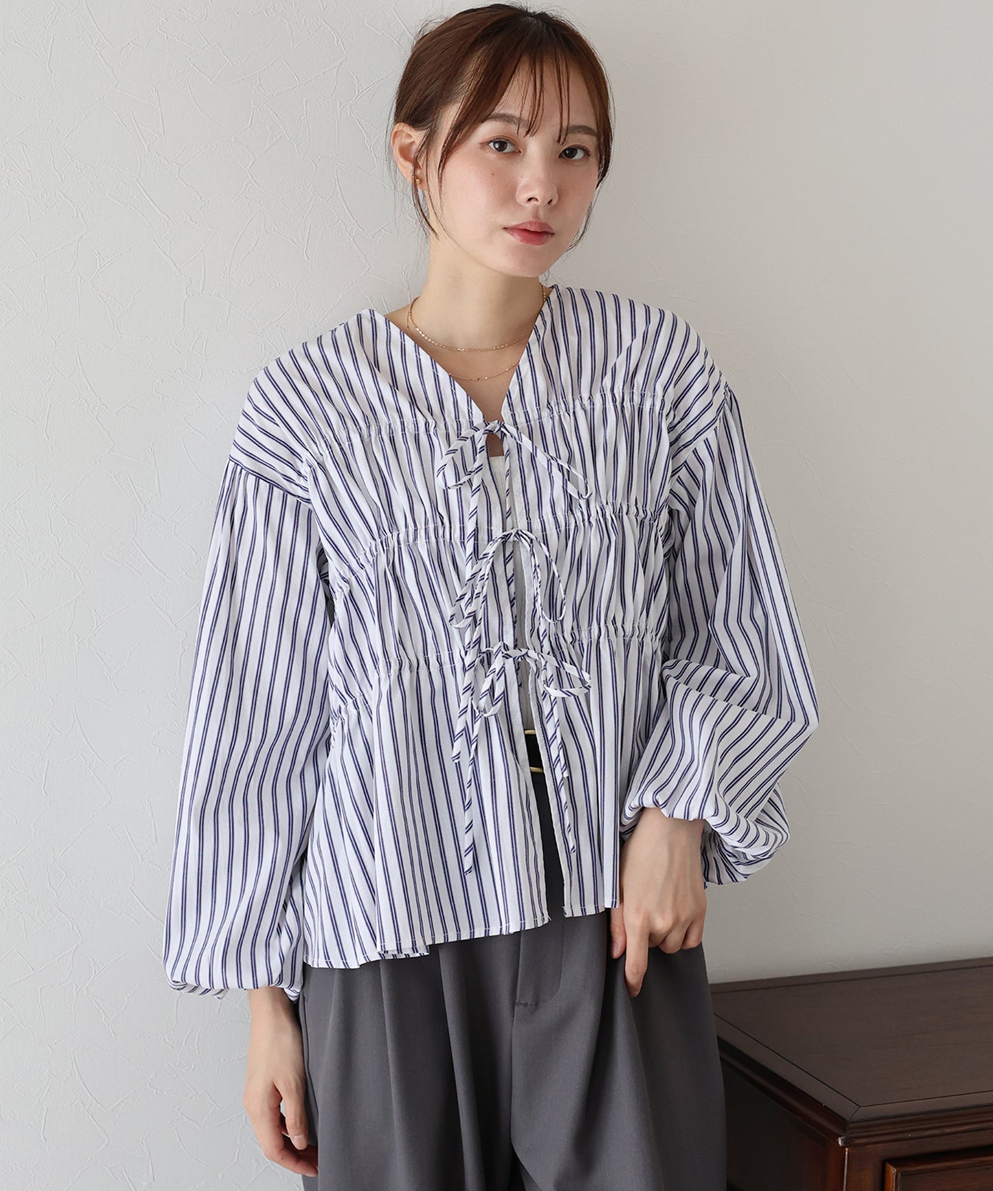 【TIME SALE】ストライプリボンブラウス【ネコポス】