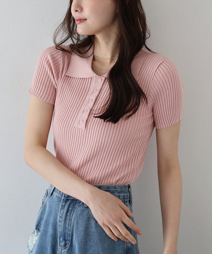 【SALE】半袖ポロリブニット