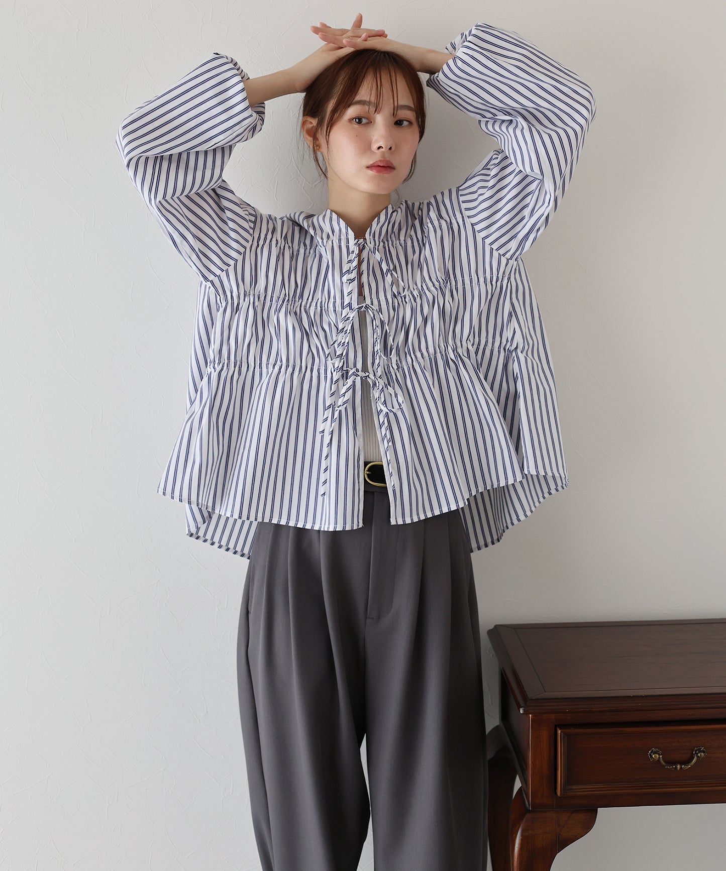 【TIME SALE】ストライプリボンブラウス【ネコポス】