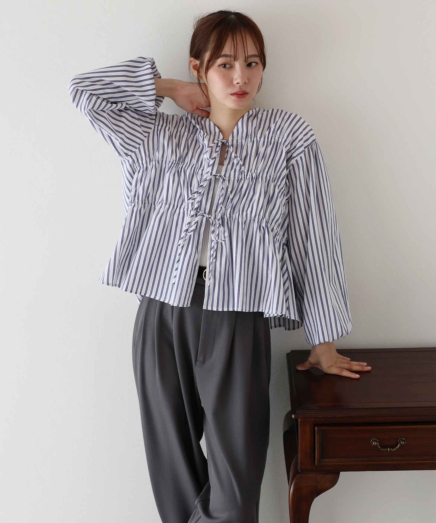 【TIME SALE】ストライプリボンブラウス【ネコポス】