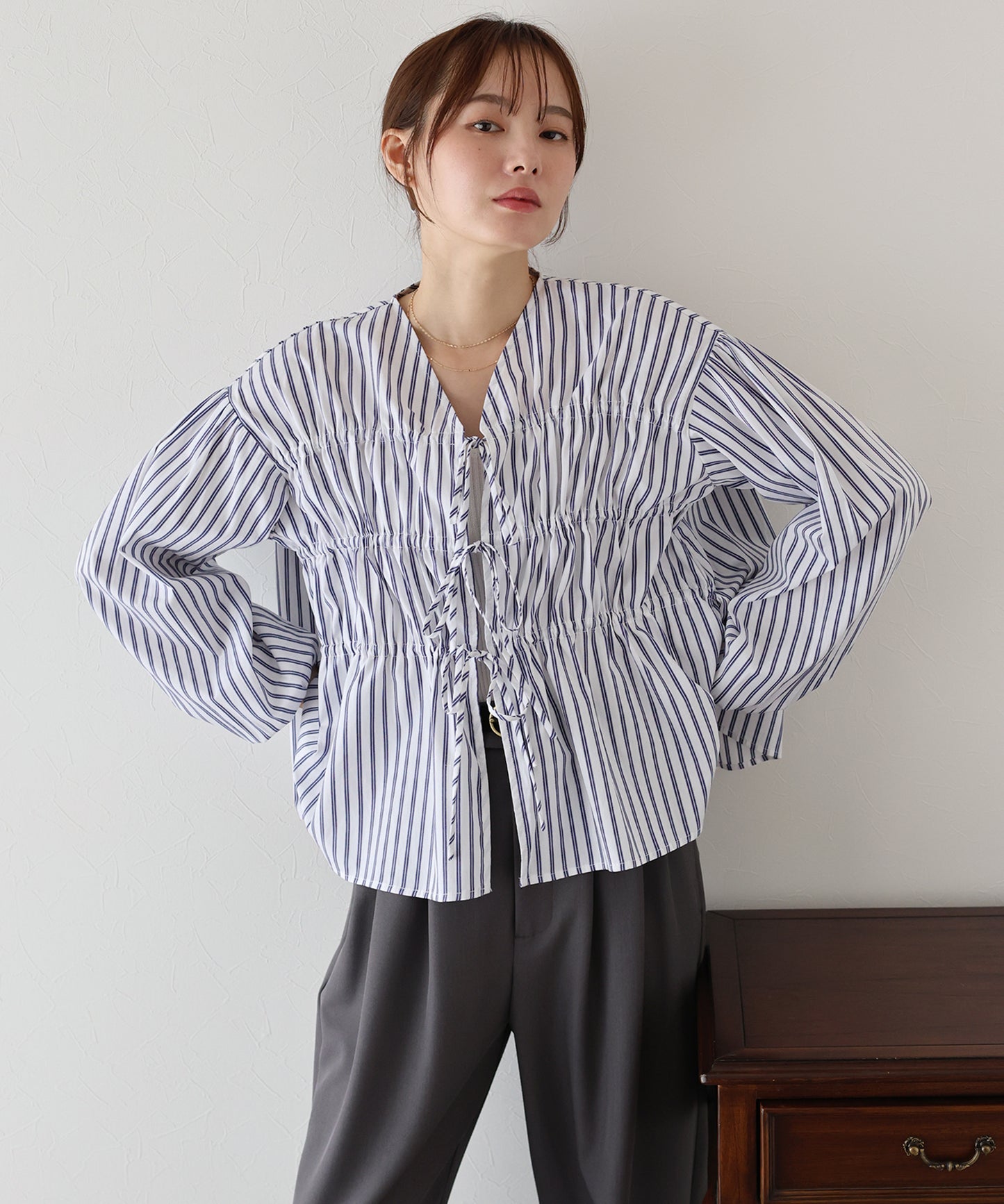 【TIME SALE】ストライプリボンブラウス【ネコポス】