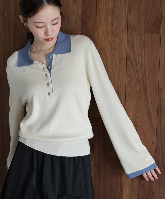 ゴールドボタン配色ポロネックニット