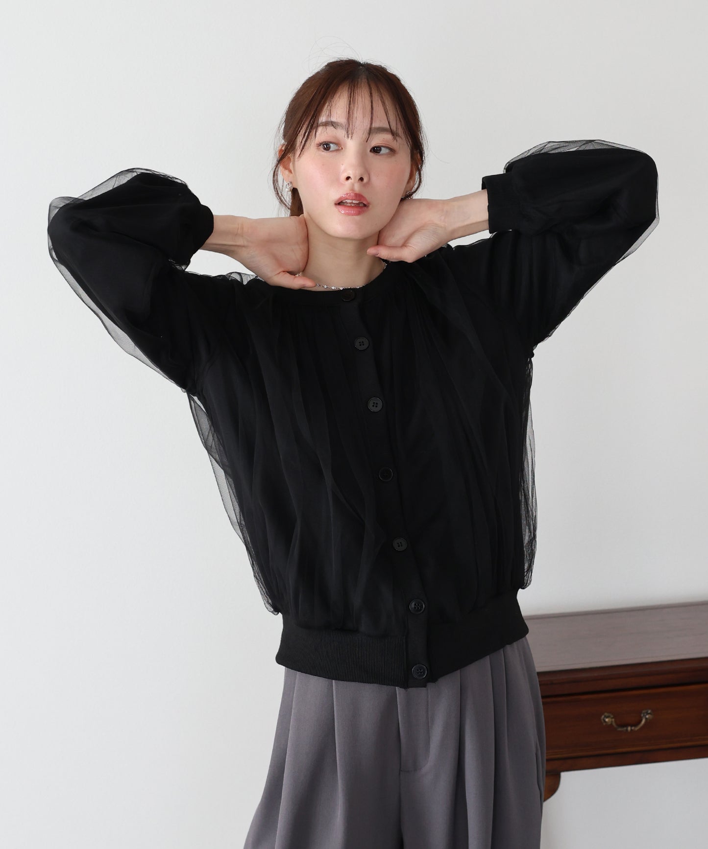 チュールレイヤードスウェットカーディガン