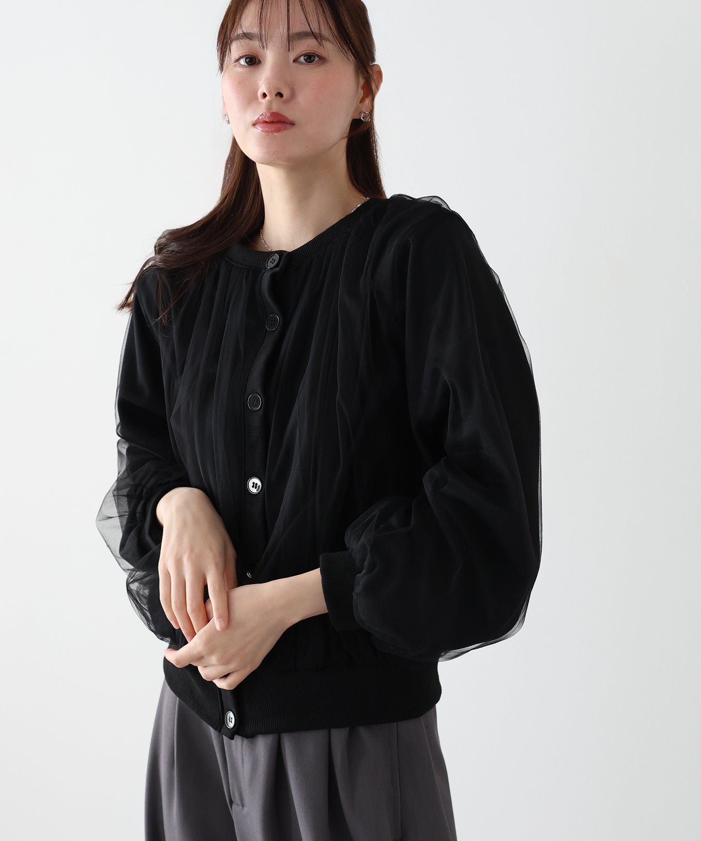 チュールレイヤードスウェットカーディガン