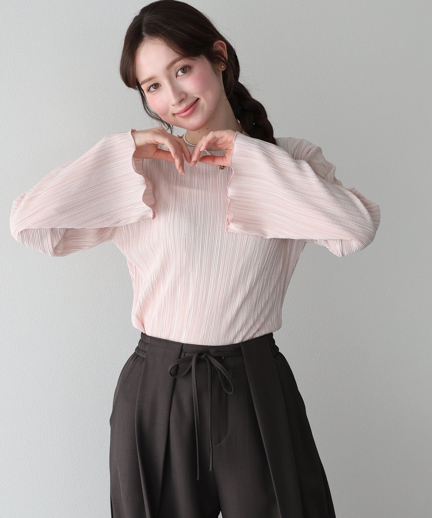 フレアスリーブランダムプリーツメローブラウス【ネコポス】