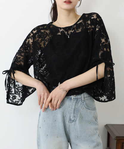 フレアースリーブ刺繍レースブラウス