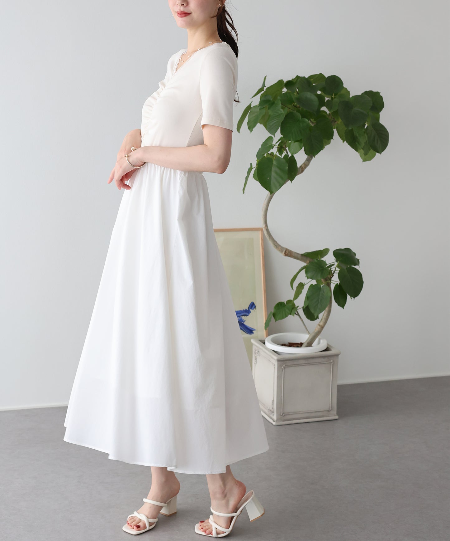 【SALE】フロントシャーリングドッキングワンピース