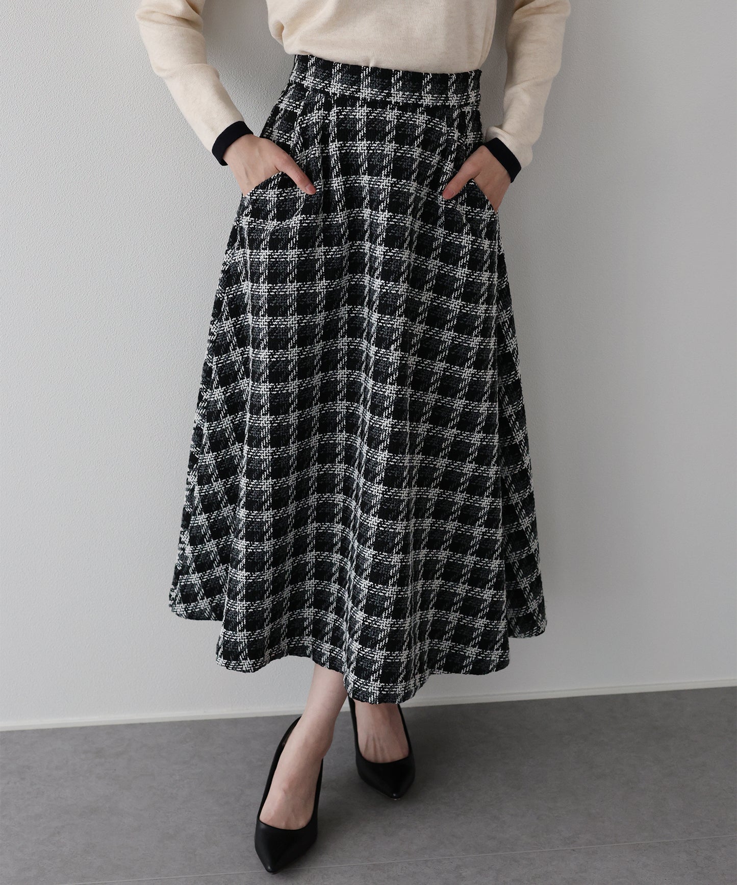 【早割5％OFF】ツイードチェックフレアスカート