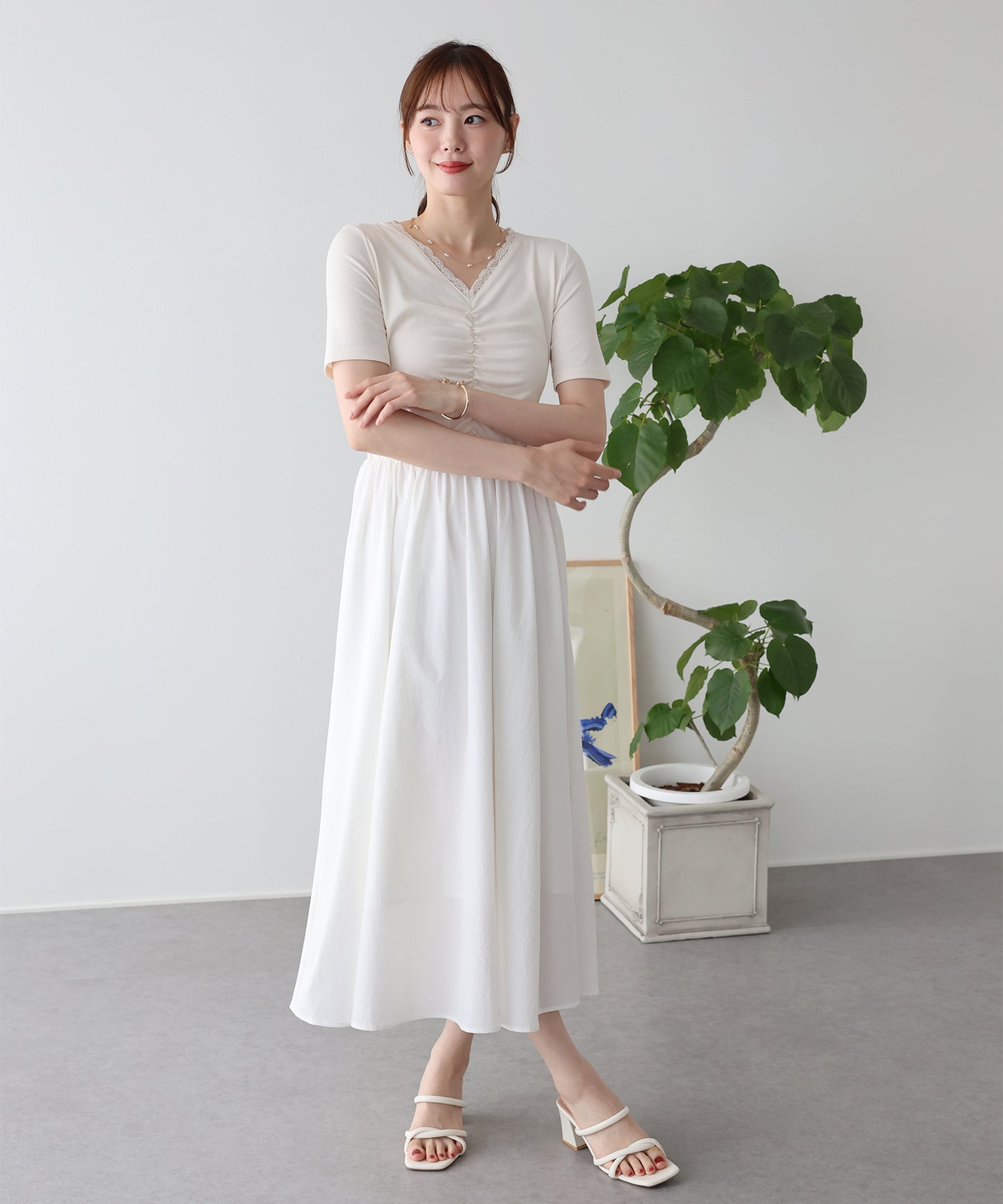 【SALE】フロントシャーリングドッキングワンピース