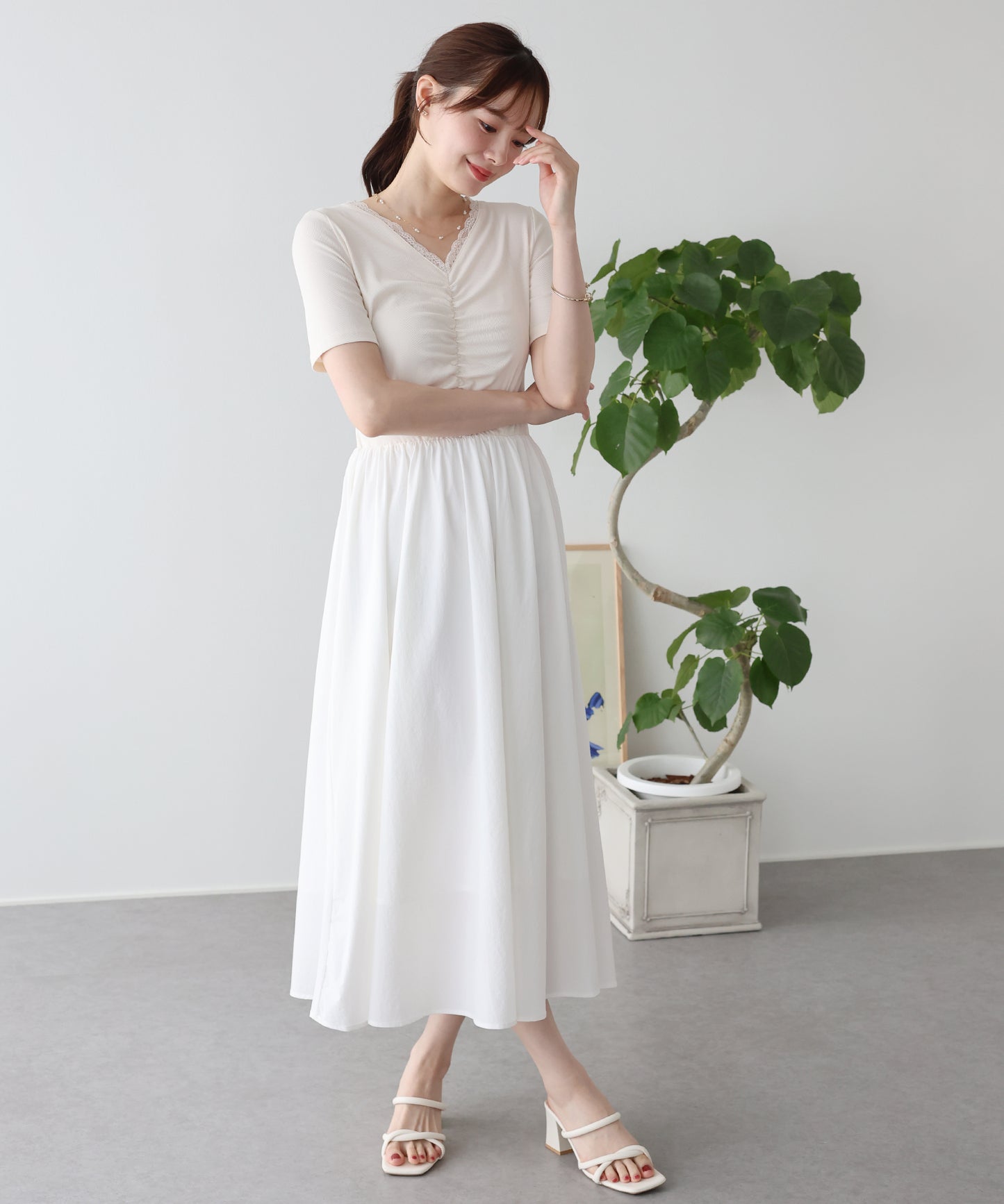 【SALE】フロントシャーリングドッキングワンピース