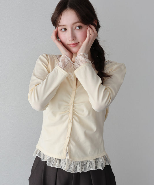 【早割5％OFF】レースレイヤードギャザーTシャツ【ネコポス】