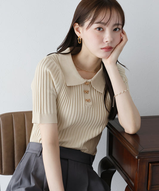 【TIME SALE】リボンボタンポロ衿ニット