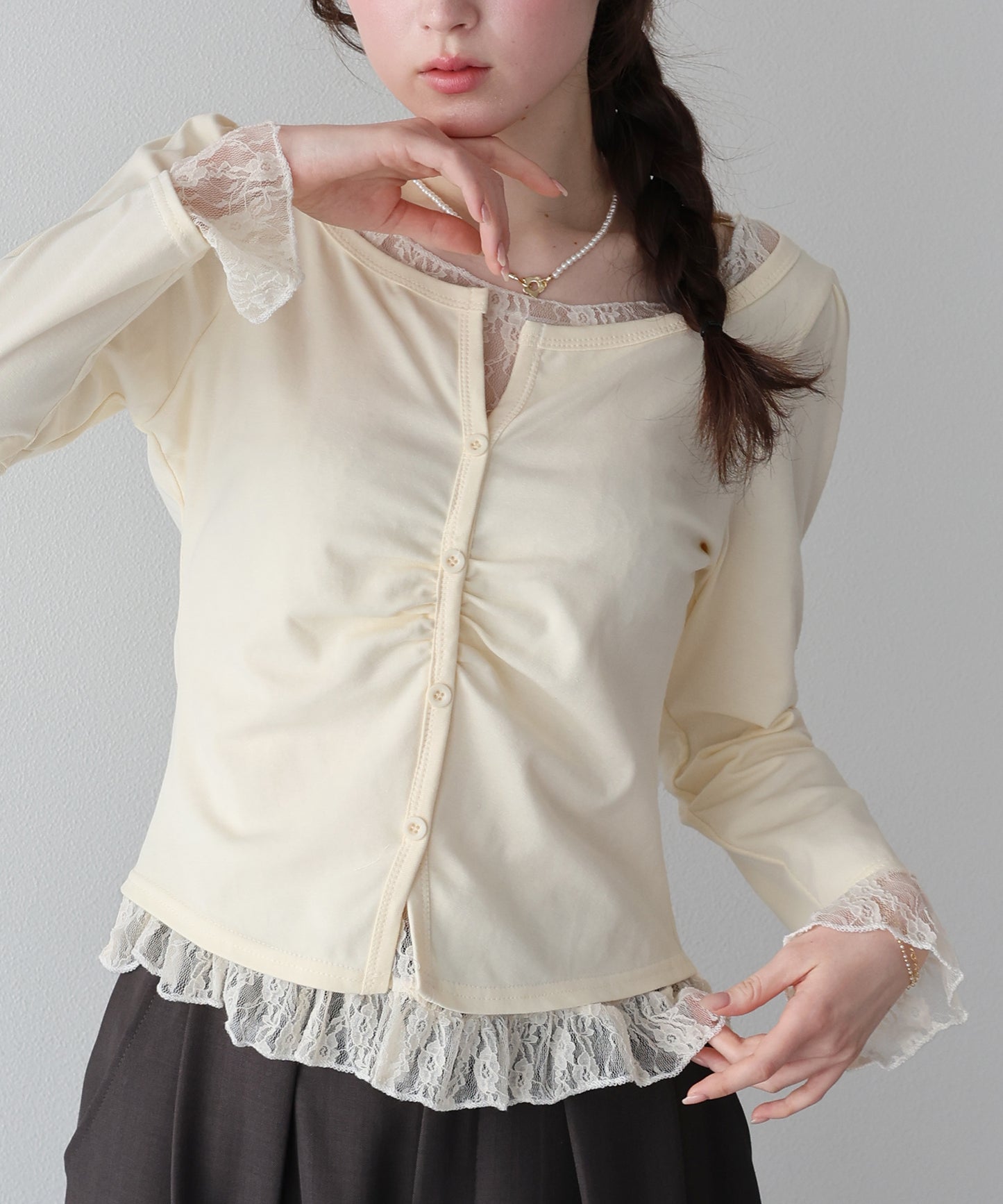 【早割5％OFF】レースレイヤードギャザーTシャツ【ネコポス】