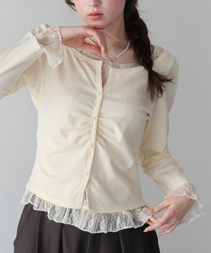 【早割5％OFF】レースレイヤードギャザーTシャツ【ネコポス】