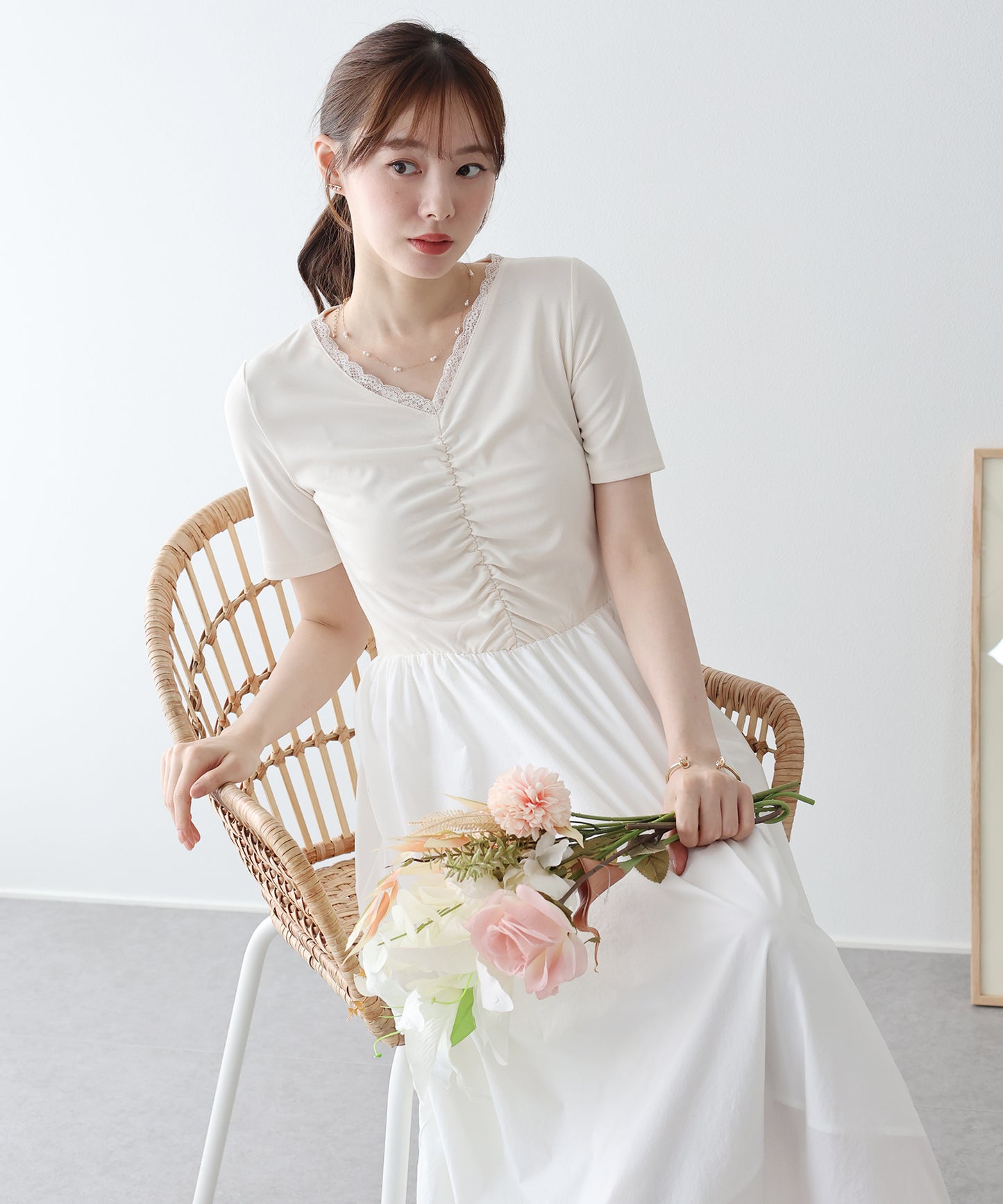 【SALE】フロントシャーリングドッキングワンピース