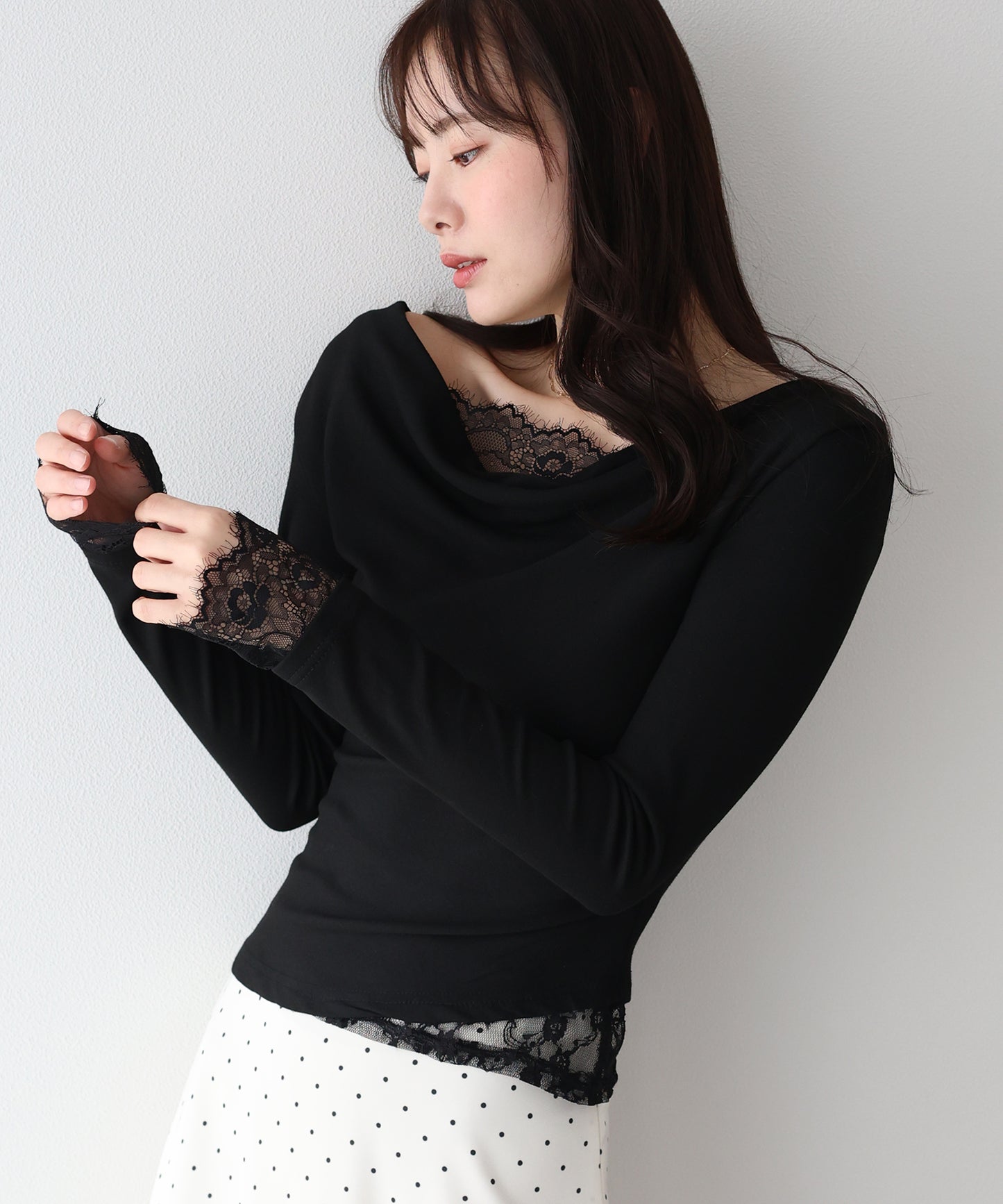 【早割5％OFF】レースレイヤードドレープカットソー【ネコポス】