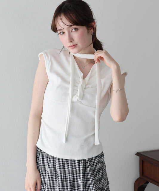 【早割5％OFF】タイ付きノースリーブドレープカットソー【メール便】