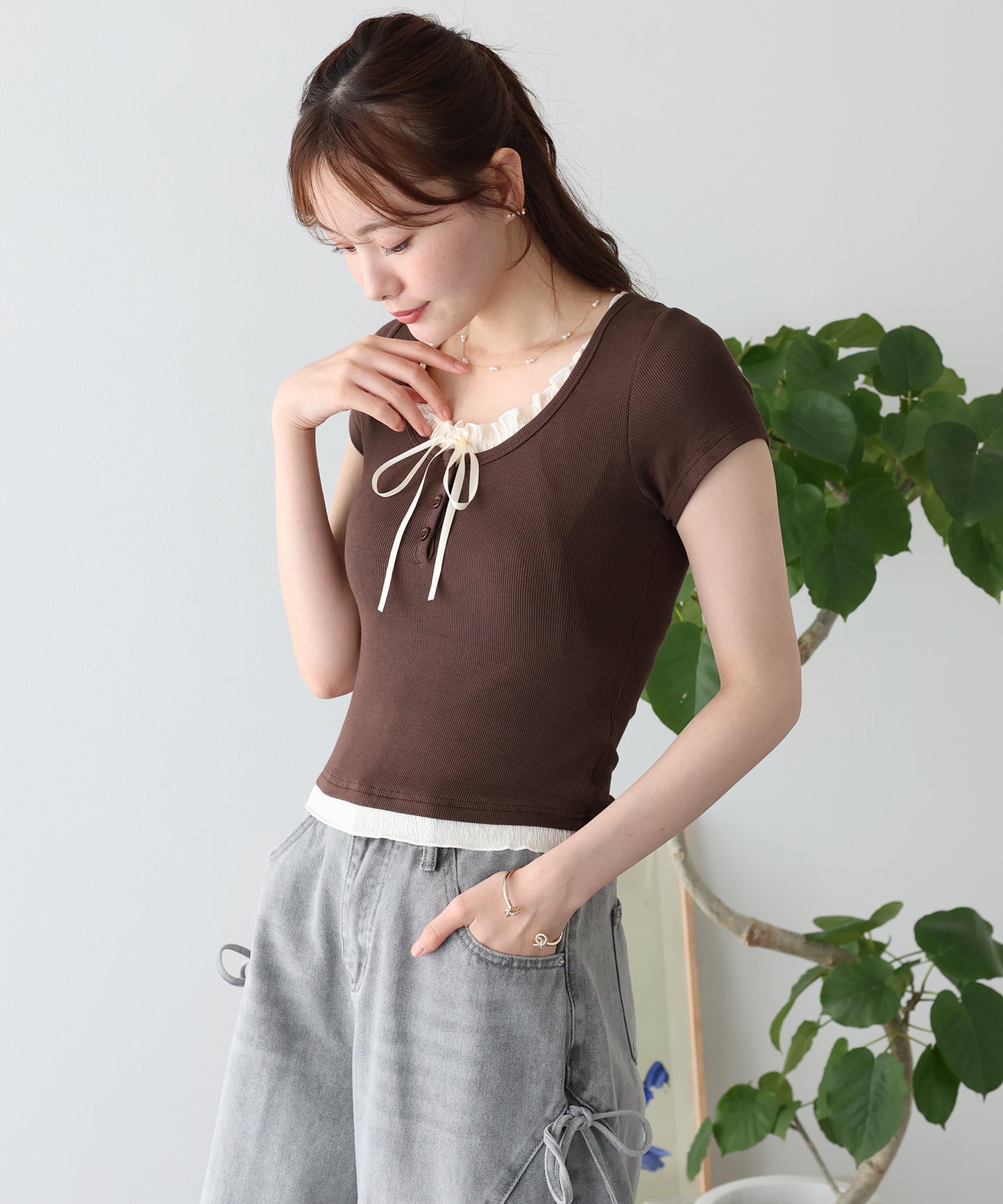 ギャザーリボンレイヤードTシャツ【メール便】