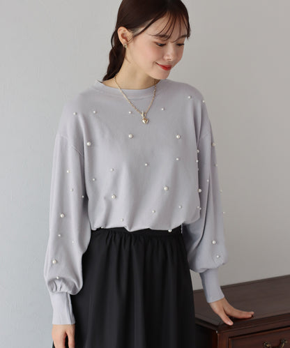 【SALE】パール付きボリューム袖ニット