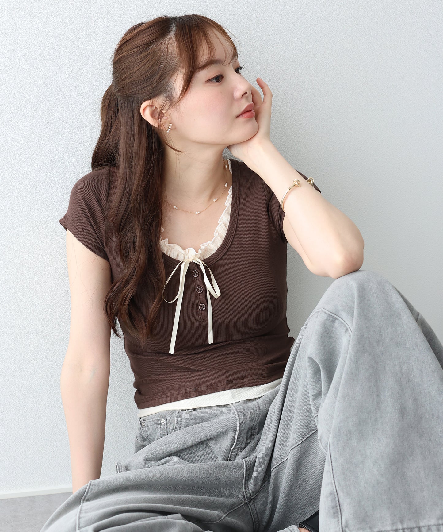 ギャザーリボンレイヤードTシャツ【メール便】