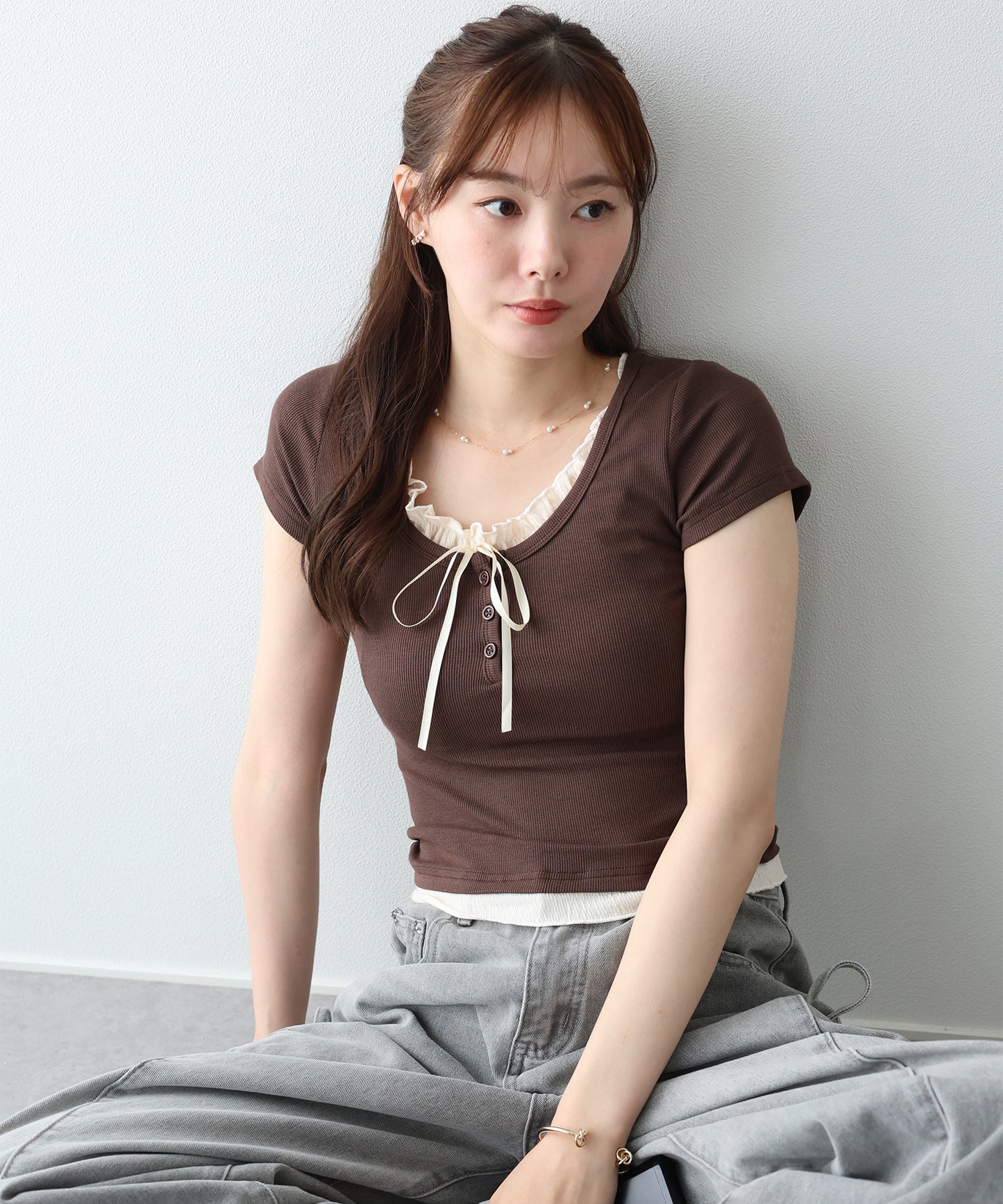 ギャザーリボンレイヤードTシャツ【メール便】