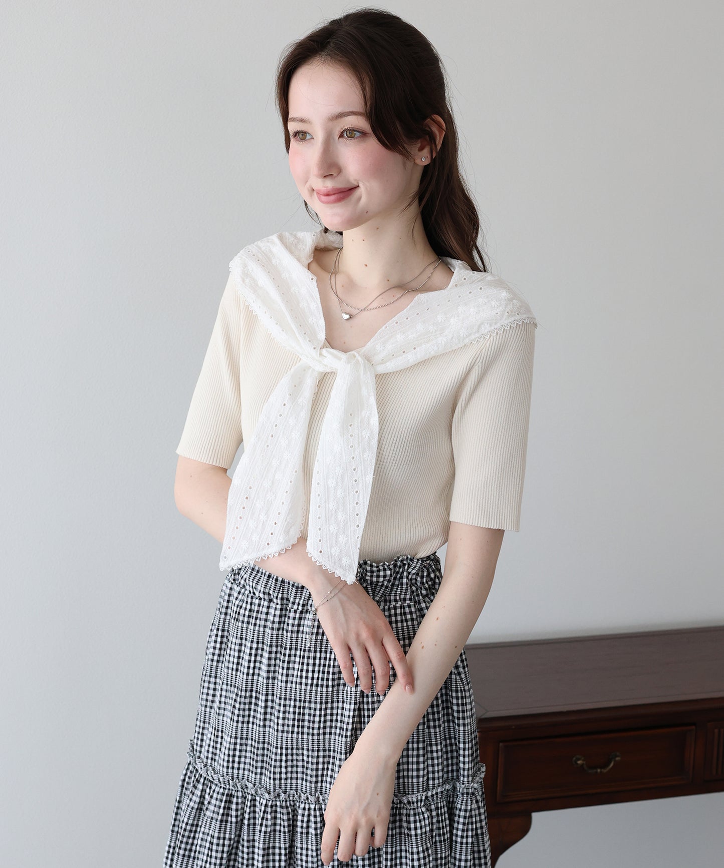 【早割5％OFF】コットンレースセーラーカラーニット