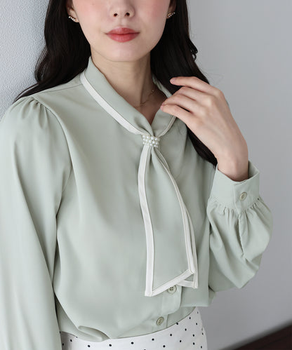 【早割5％OFF】パールバイカラーボウタイブラウス