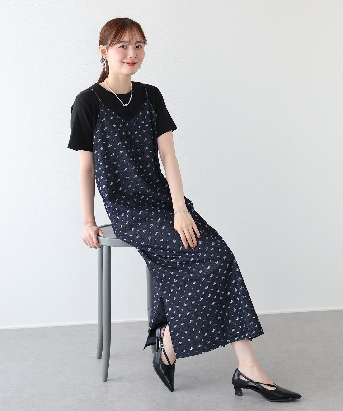デニムライクフラワーレースワンピース