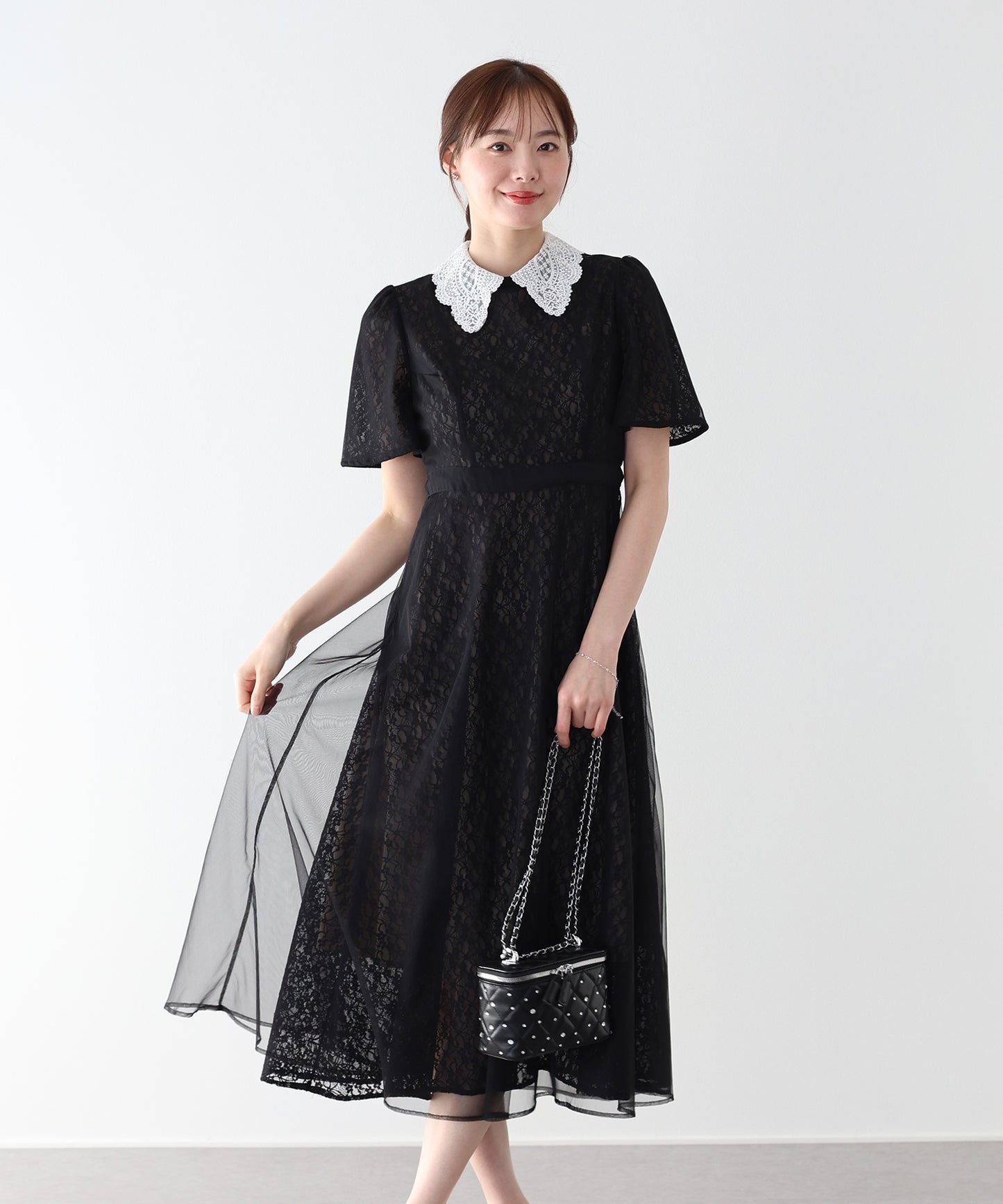 【早割5％OFF】レース襟チュールフレアドレス