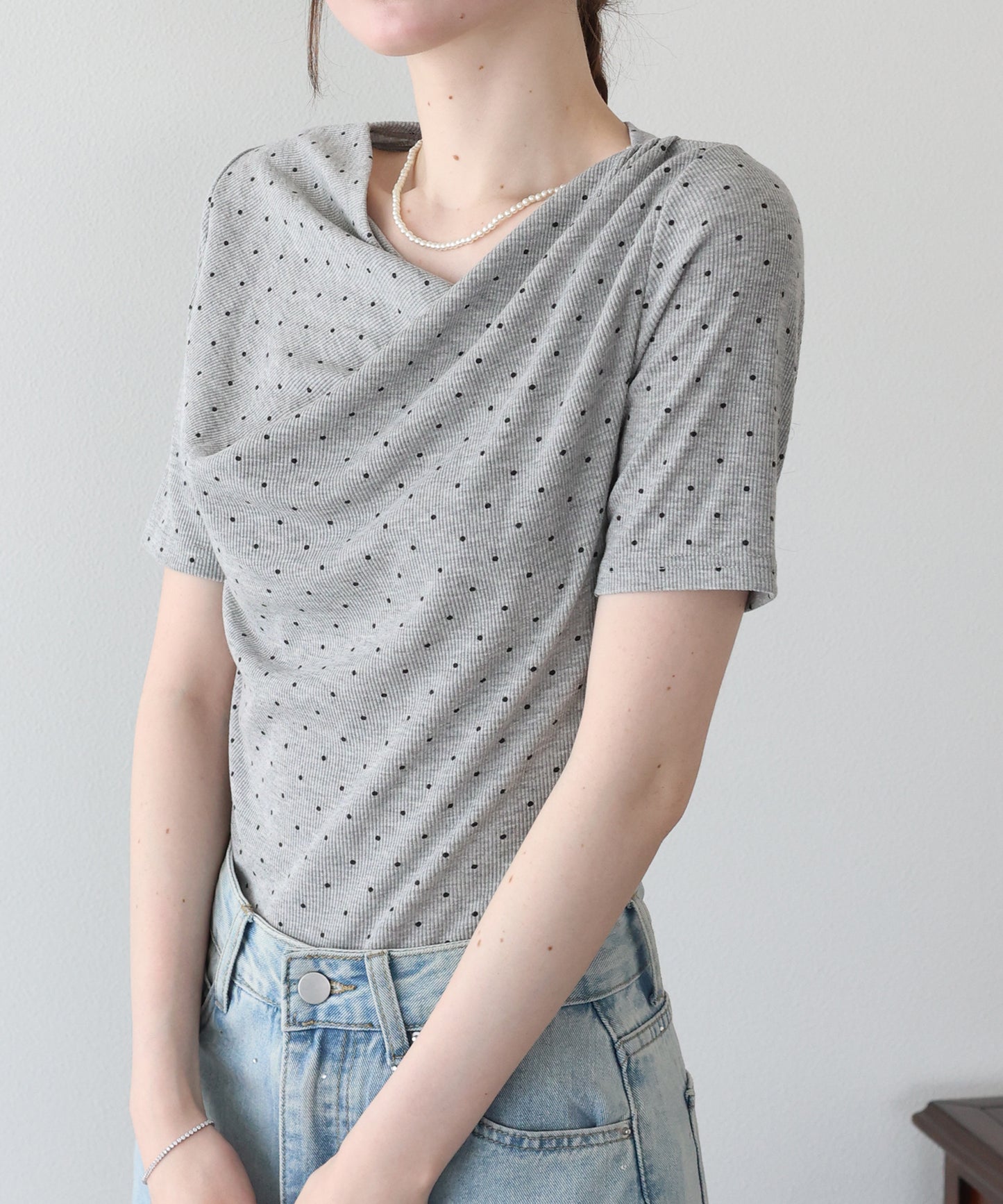 ドットドレープネックリブTシャツ【メール便】