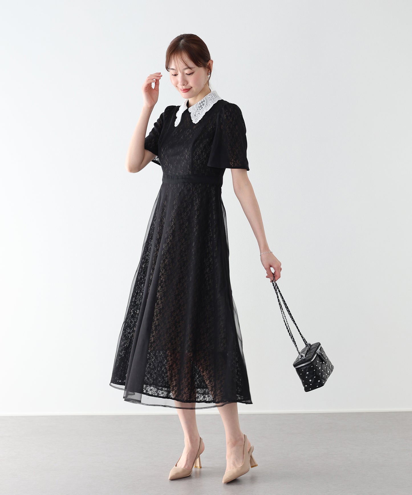 【早割5％OFF】レース襟チュールフレアドレス