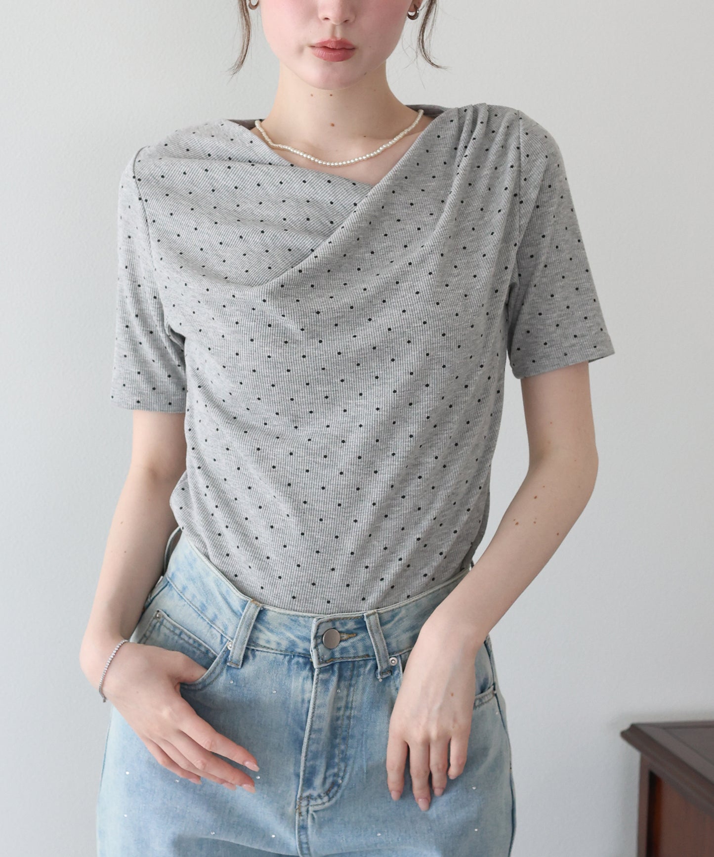 ドットドレープネックリブTシャツ【メール便】