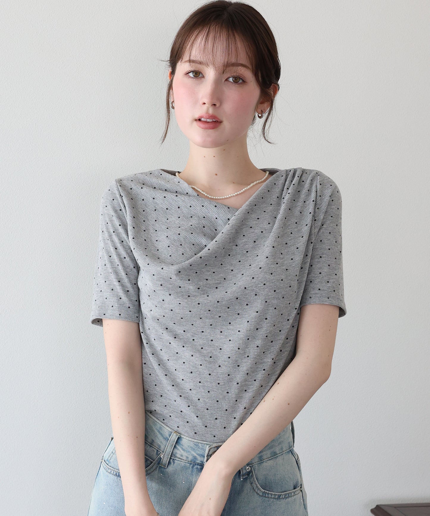 【早割5％OFF】ドットドレープネックリブTシャツ【メール便】