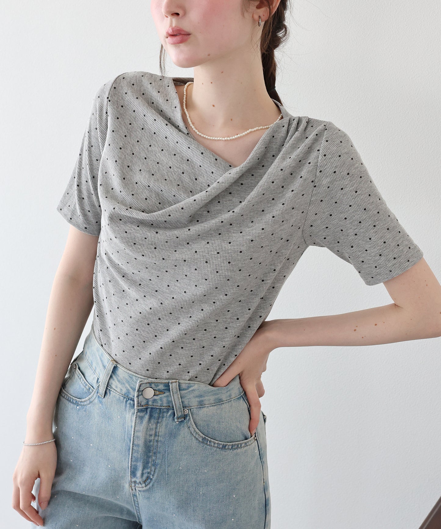 ドットドレープネックリブTシャツ【メール便】