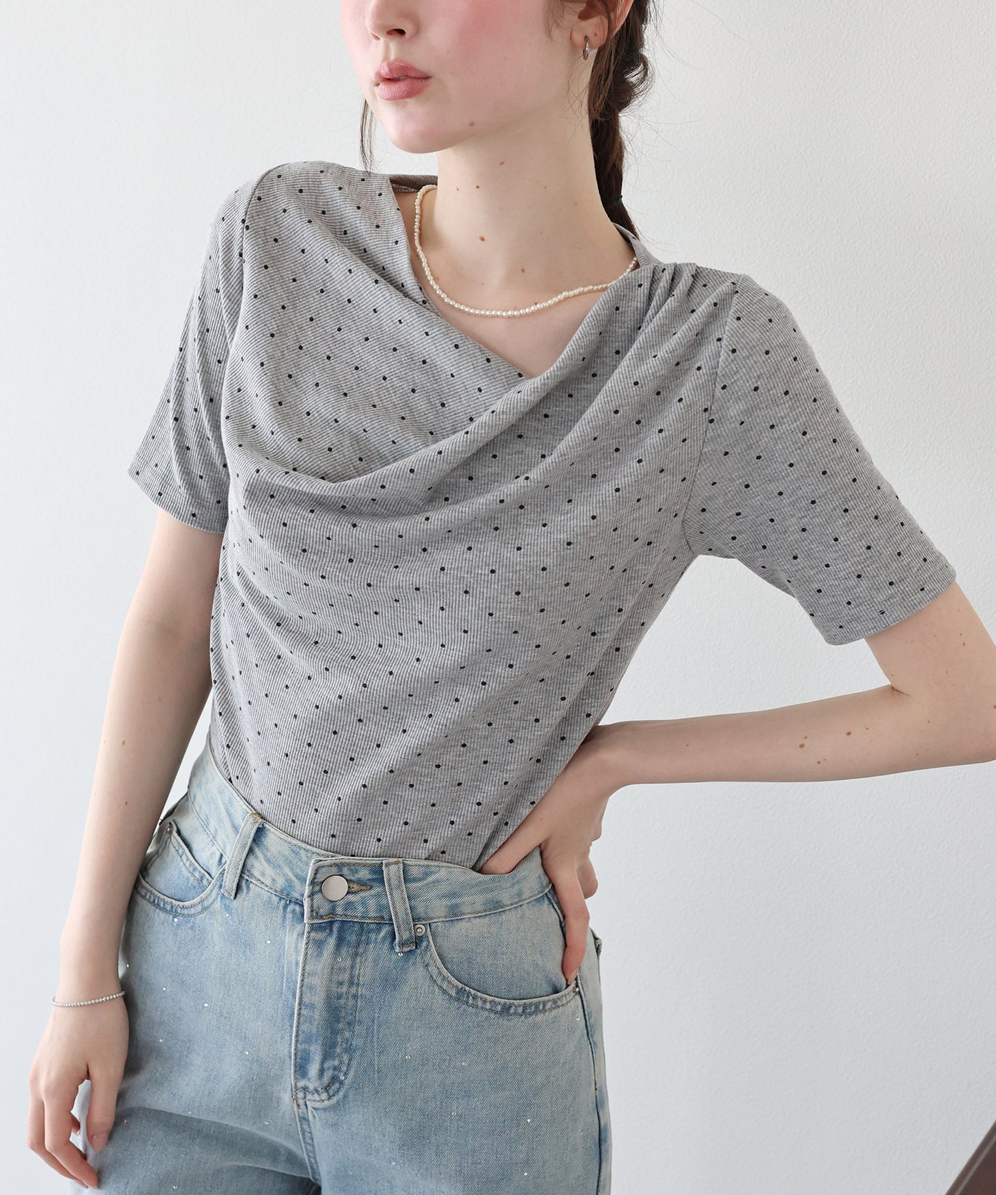 【早割5％OFF】ドットドレープネックリブTシャツ【メール便】